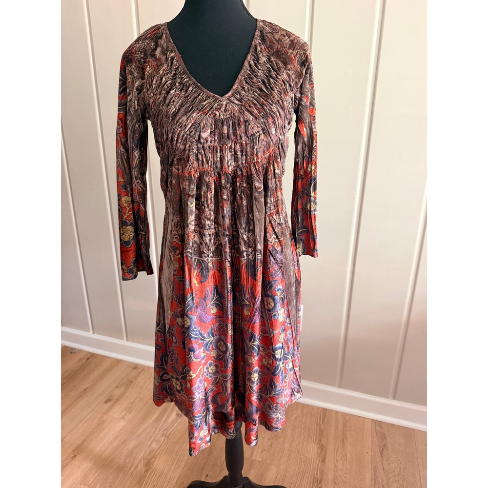 One World Crushed Velour Mini Dress Brown Orange Floral Boho Whimsigoth Small